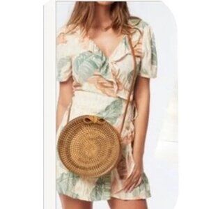 Round Woven Straw Crossbody Bag in Natural Brown